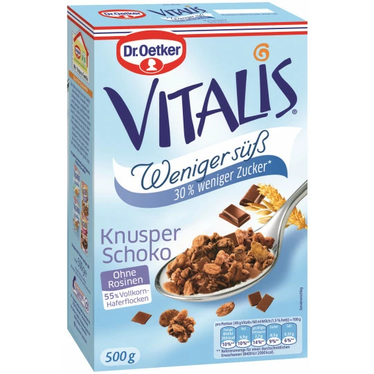 Vitalis Knusper Schoko Müsli weniger süß 500G Dr. Oetker Vitalis Knusper Schoko Müsli Weniger Süß 500G -Kaffee-Tee Sales oevitalis knschoko ws 500g